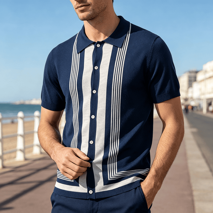 Herren-Sommerhemd mit Farbblock- und Streifenmuster, gestrickt - Marineblau - 3XL - image 5