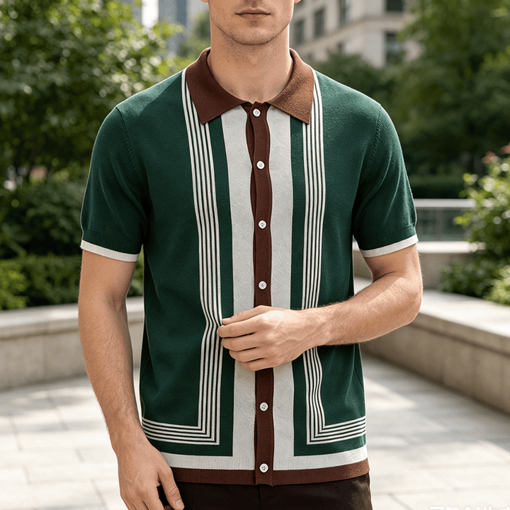 Herren-Sommerhemd mit Farbblock- und Streifenmuster, gestrickt - Grün - 3XL - image 0