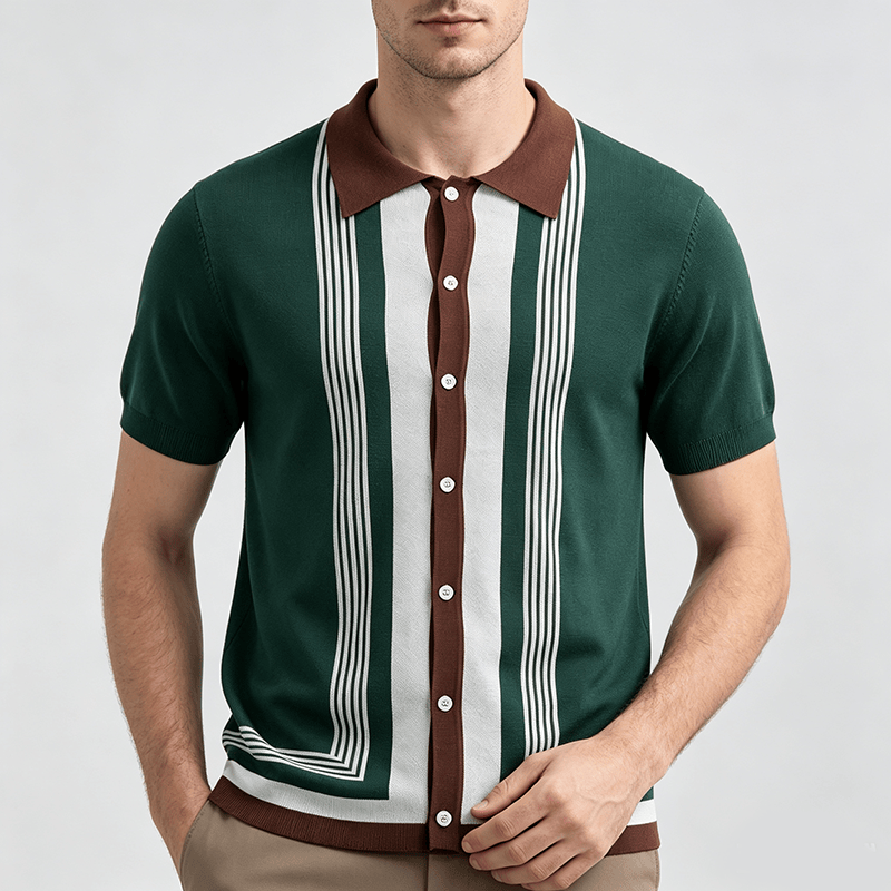Herren-Sommerhemd mit Farbblock- und Streifenmuster, gestrickt - image 1