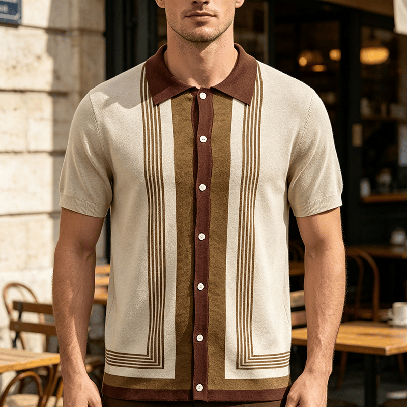 Herren-Sommerhemd mit Farbblock- und Streifenmuster, gestrickt - Aprikose - 3XL - image 4