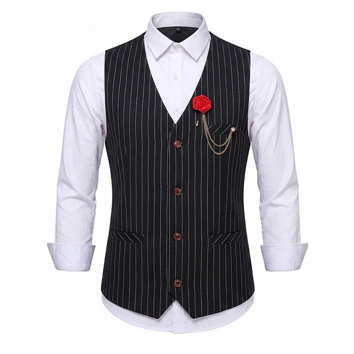 Herren-Anzugweste im Retro-Stil mit Nadelstreifen und Rosenreverskette - Schwarz - 2XL - image 11