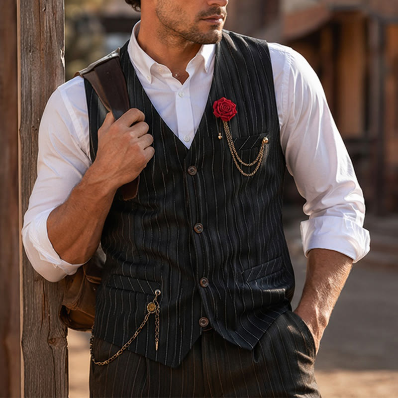 Herren-Anzugweste im Retro-Stil mit Nadelstreifen und Rosenreverskette - image 4