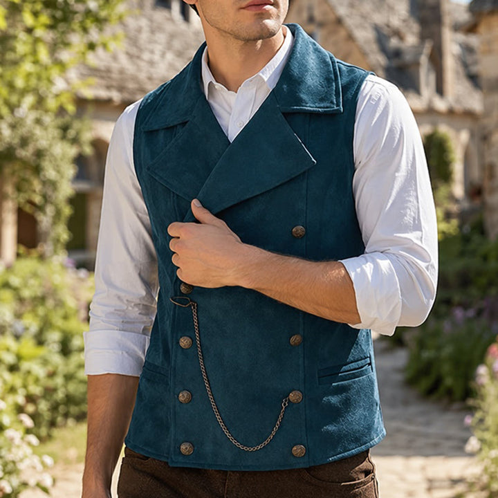 Retro-Anzugweste für Herren mit zweireihiger Knopfleiste und bronzefarbener Kette - Türkis - 5XL - image 8