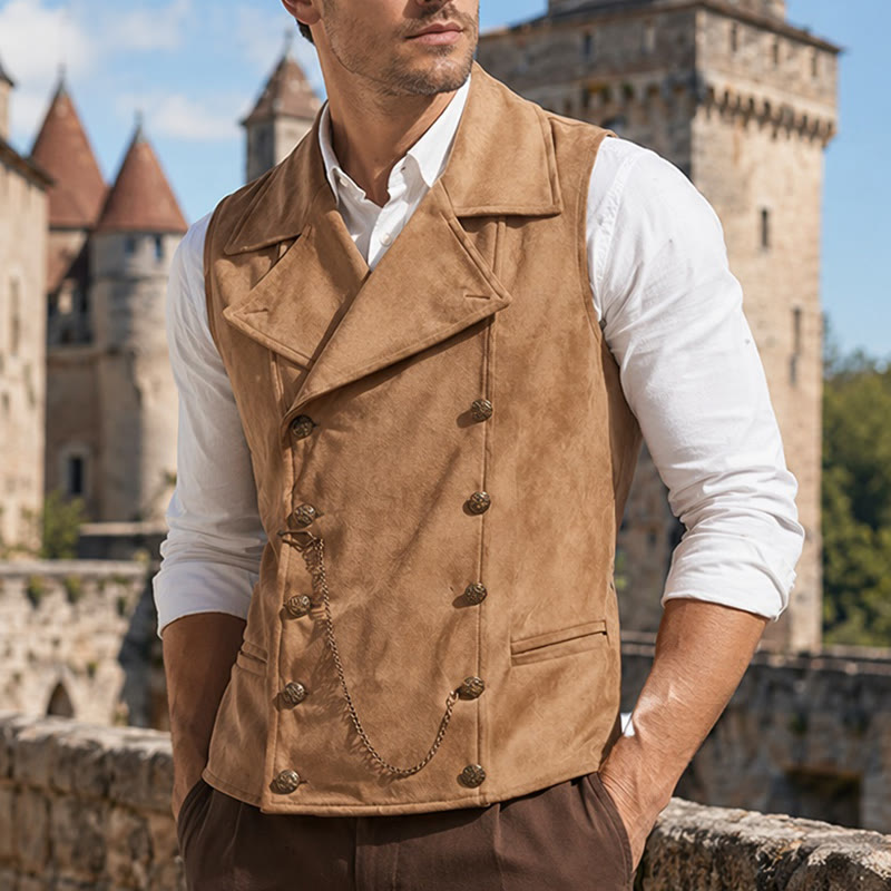 Retro-Anzugweste für Herren mit zweireihiger Knopfleiste und bronzefarbener Kette - Khaki - 5XL - image 5