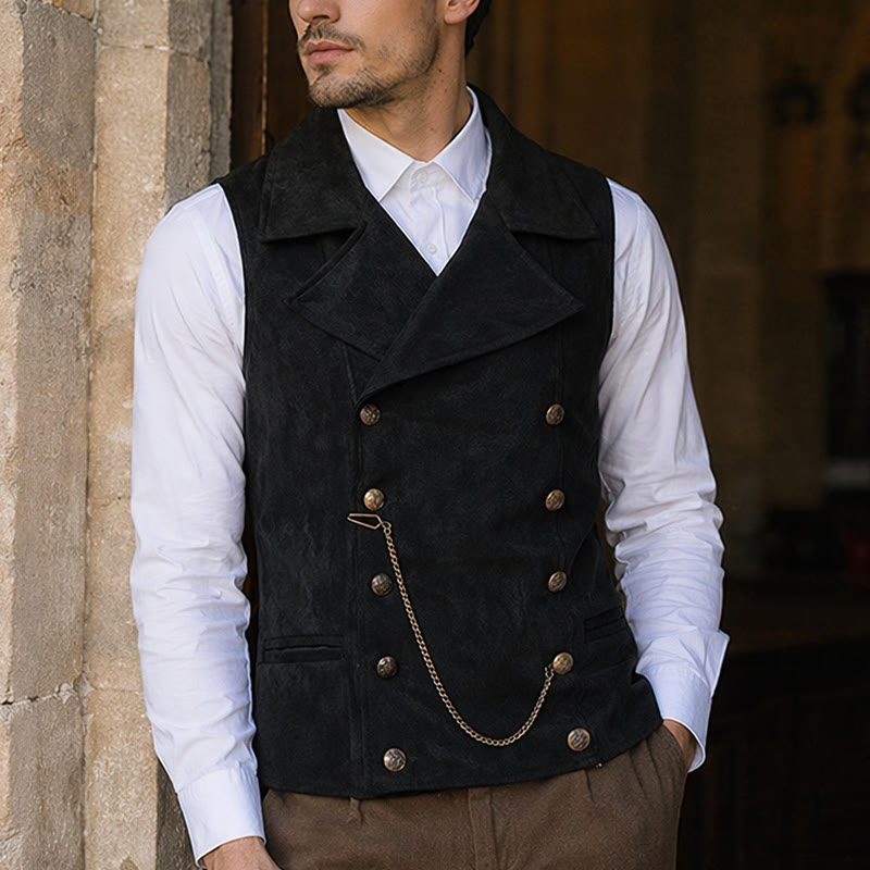 Retro-Anzugweste für Herren mit zweireihiger Knopfleiste und bronzefarbener Kette - Schwarz - 5XL - image 4