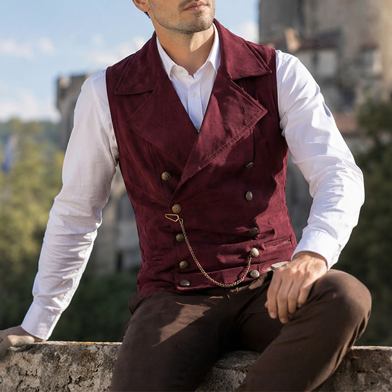Retro-Anzugweste für Herren mit zweireihiger Knopfleiste und bronzefarbener Kette - Burgund - 5XL - image 6