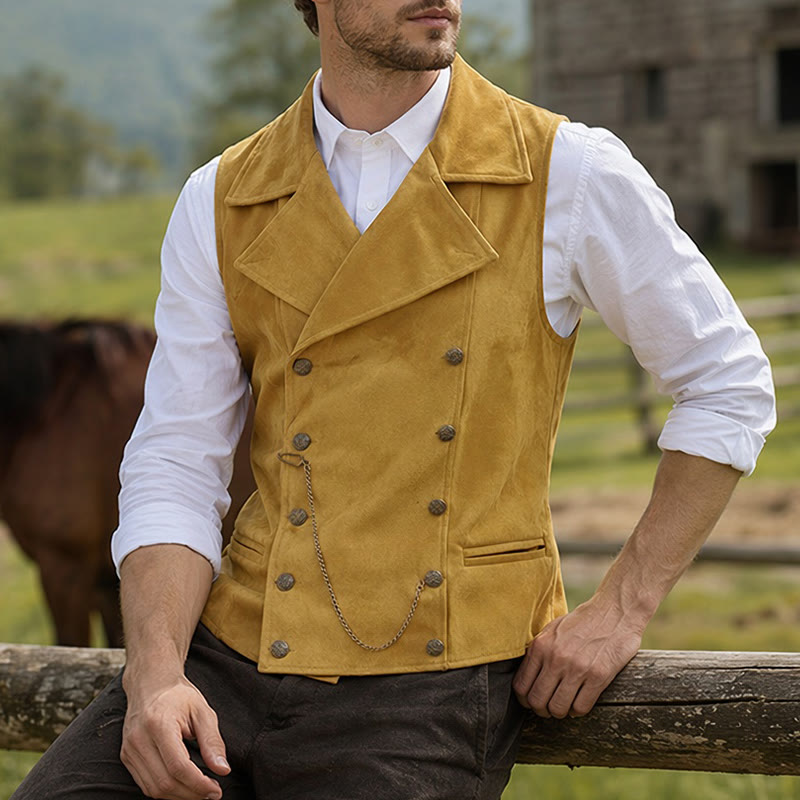Retro-Anzugweste für Herren mit zweireihiger Knopfleiste und bronzefarbener Kette - Gelb - 5XL - image 9
