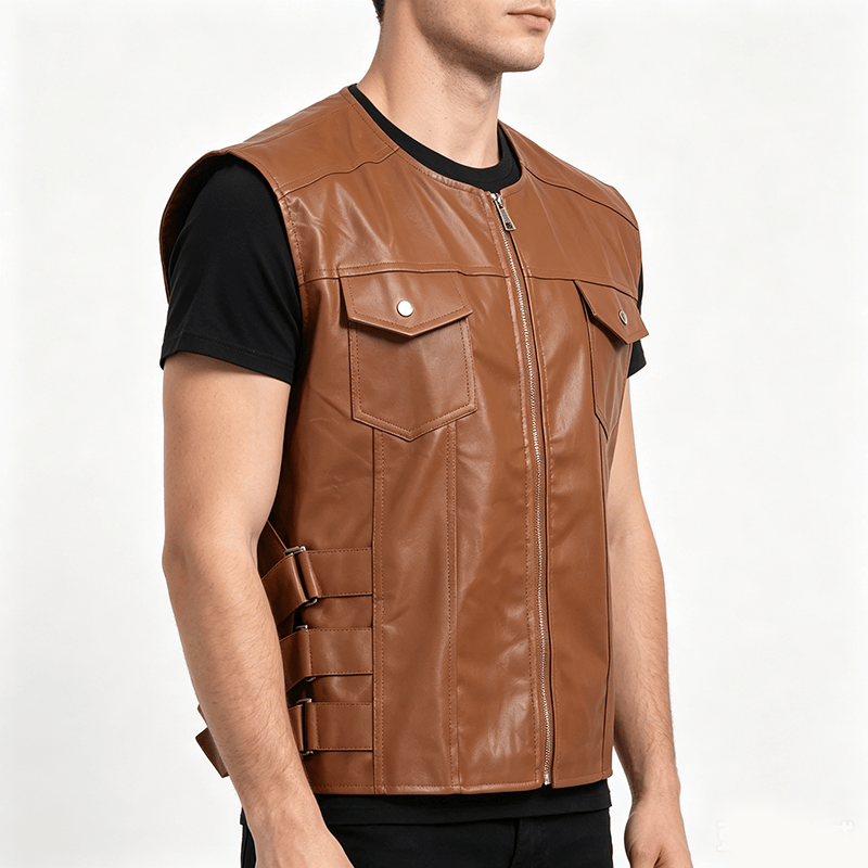 Lässige Lederweste für Herren mit aufgesetzten Taschen, ideal für Motorradfahrer. - image 2
