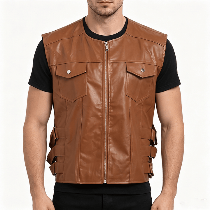 Lässige Lederweste für Herren mit aufgesetzten Taschen, ideal für Motorradfahrer. - image 1
