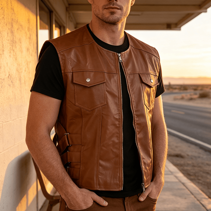 Lässige Lederweste für Herren mit aufgesetzten Taschen, ideal für Motorradfahrer. - Braun - 5XL - image 0