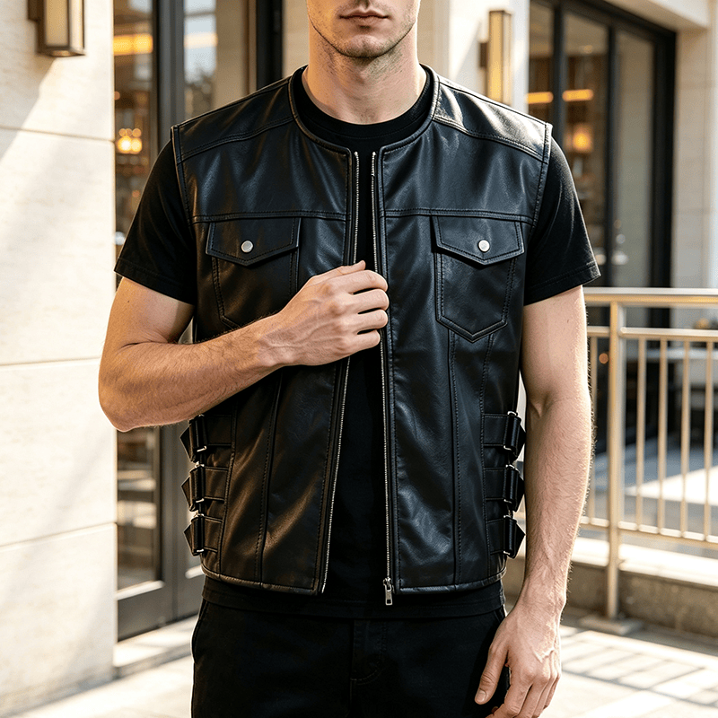 Lässige Lederweste für Herren mit aufgesetzten Taschen, ideal für Motorradfahrer. - Schwarz - 5XL - image 4