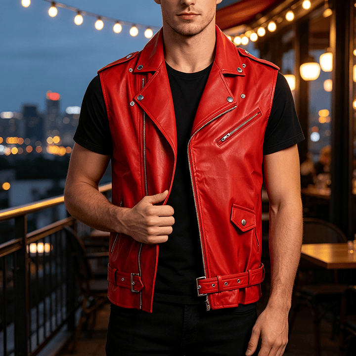 Punk-Lederweste für Herren mit asymmetrischem Reißverschluss am Revers, ideal für Motorradfahrer. - Rot - 4XL - image 5