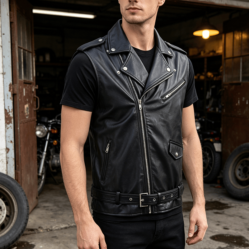 Punk-Lederweste für Herren mit asymmetrischem Reißverschluss am Revers, ideal für Motorradfahrer. - Schwarz - 4XL - image 4