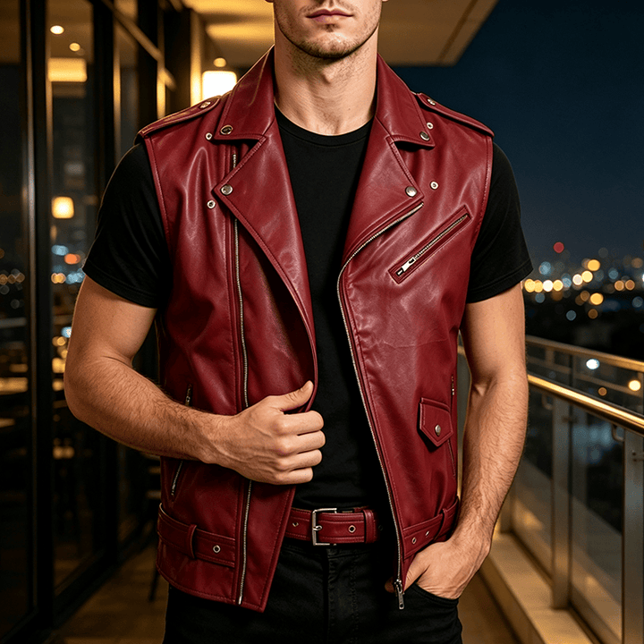 Punk-Lederweste für Herren mit asymmetrischem Reißverschluss am Revers, ideal für Motorradfahrer. - Wein - 4XL - image 0