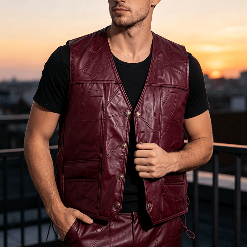 Punk-Biker-Motorradlederweste für Herren mit seitlichem Kordelzug - Rot - 5XL - image 4