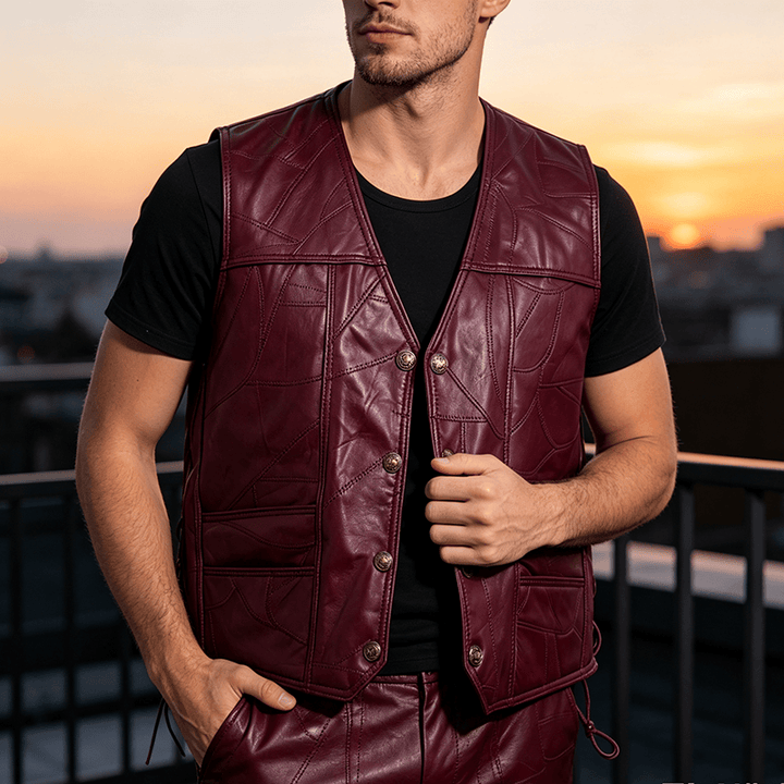 Punk-Biker-Motorradlederweste für Herren mit seitlichem Kordelzug - Rot - 5XL - image 4