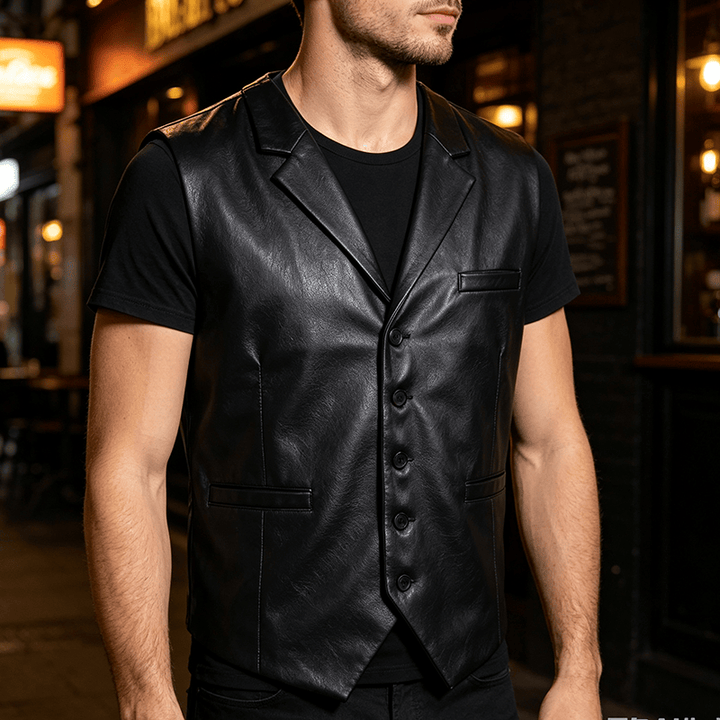 Vintage-Western-Anzugweste für Herren aus Leder mit fallendem Revers - Schwarz - 2XL - image 4