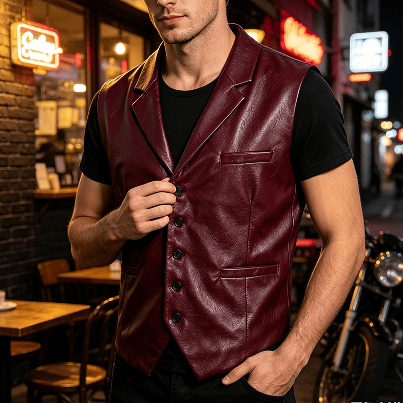 Vintage-Western-Anzugweste für Herren aus Leder mit fallendem Revers - Wein - 2XL - image 5