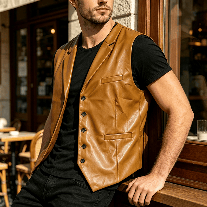 Vintage-Western-Anzugweste für Herren aus Leder mit fallendem Revers - Khaki - 2XL - image 0