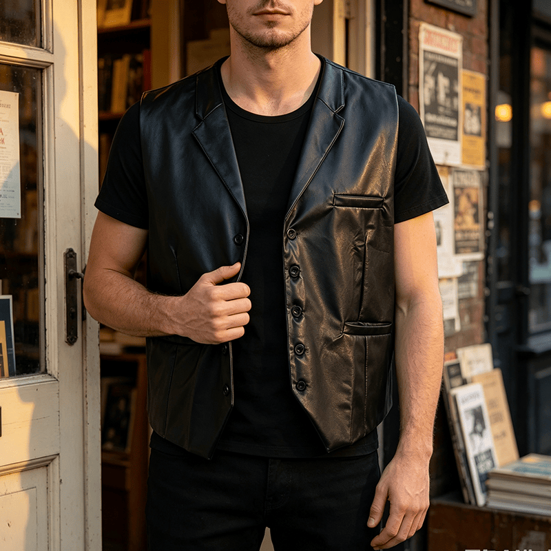 Schwarze Herren-Lederweste für den lässigen Streetstyle - Schwarz - 3XL - image 0
