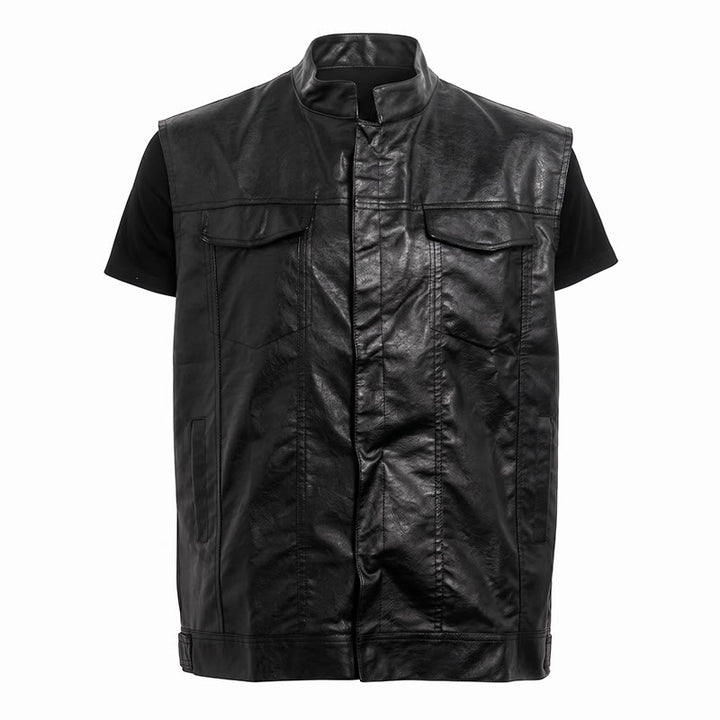 Herren-Weste aus schwarzem Leder im Hip-Hop-Vintage-Motorradstil mit aufgesetzten Taschen - image 8