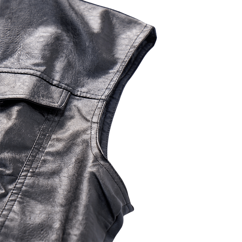 Herren-Weste aus schwarzem Leder im Hip-Hop-Vintage-Motorradstil mit aufgesetzten Taschen - image 7
