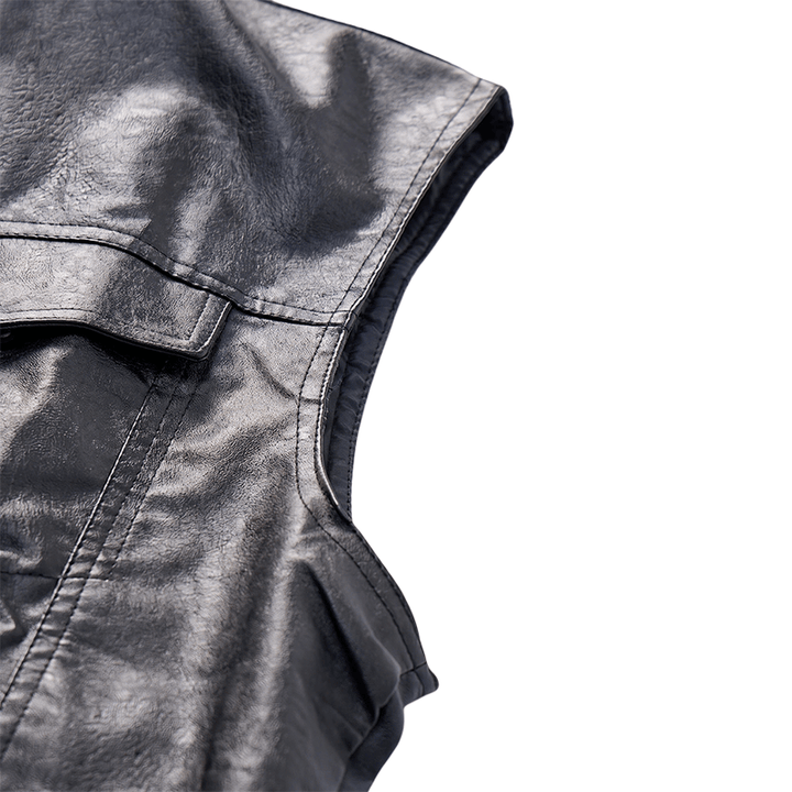 Herren-Weste aus schwarzem Leder im Hip-Hop-Vintage-Motorradstil mit aufgesetzten Taschen - image 7