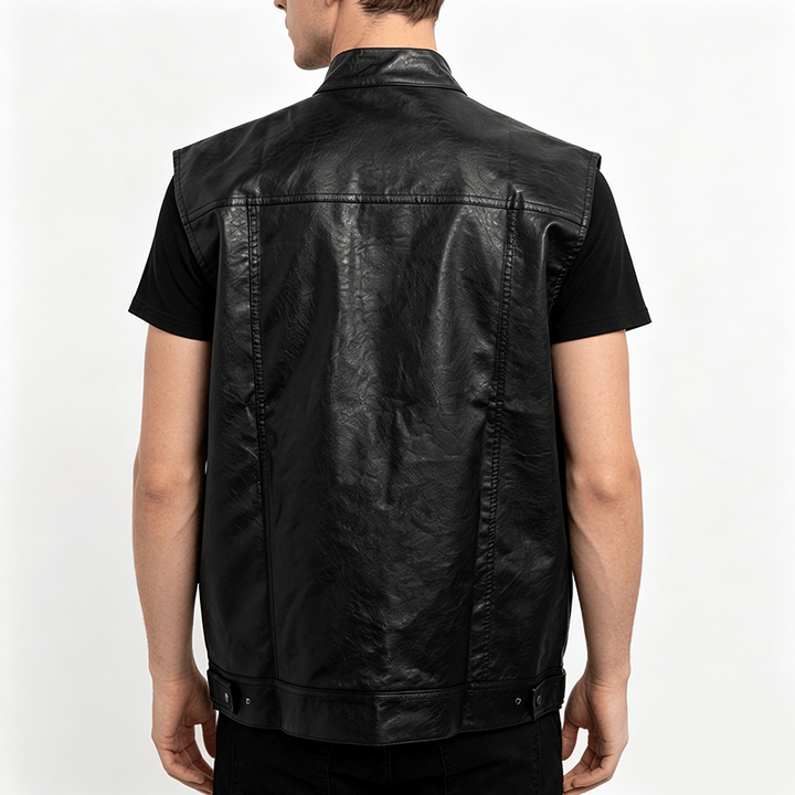 Herren-Weste aus schwarzem Leder im Hip-Hop-Vintage-Motorradstil mit aufgesetzten Taschen - image 3