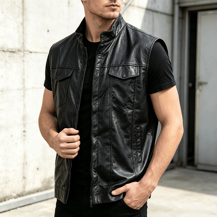 Herren-Weste aus schwarzem Leder im Hip-Hop-Vintage-Motorradstil mit aufgesetzten Taschen - Schwarz - 3XL - image 0