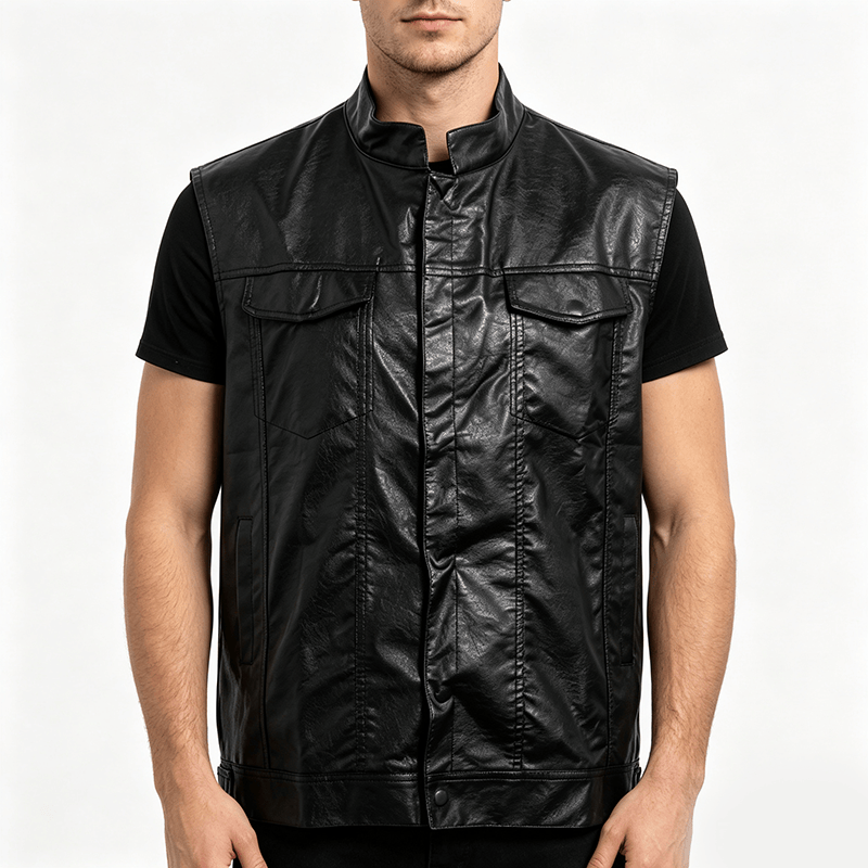 Herren-Weste aus schwarzem Leder im Hip-Hop-Vintage-Motorradstil mit aufgesetzten Taschen - image 1