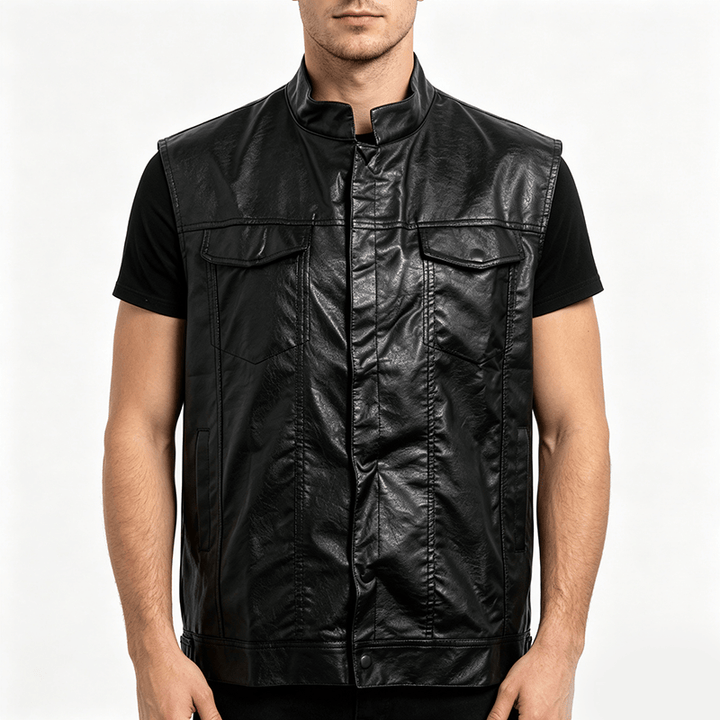 Herren-Weste aus schwarzem Leder im Hip-Hop-Vintage-Motorradstil mit aufgesetzten Taschen - image 1
