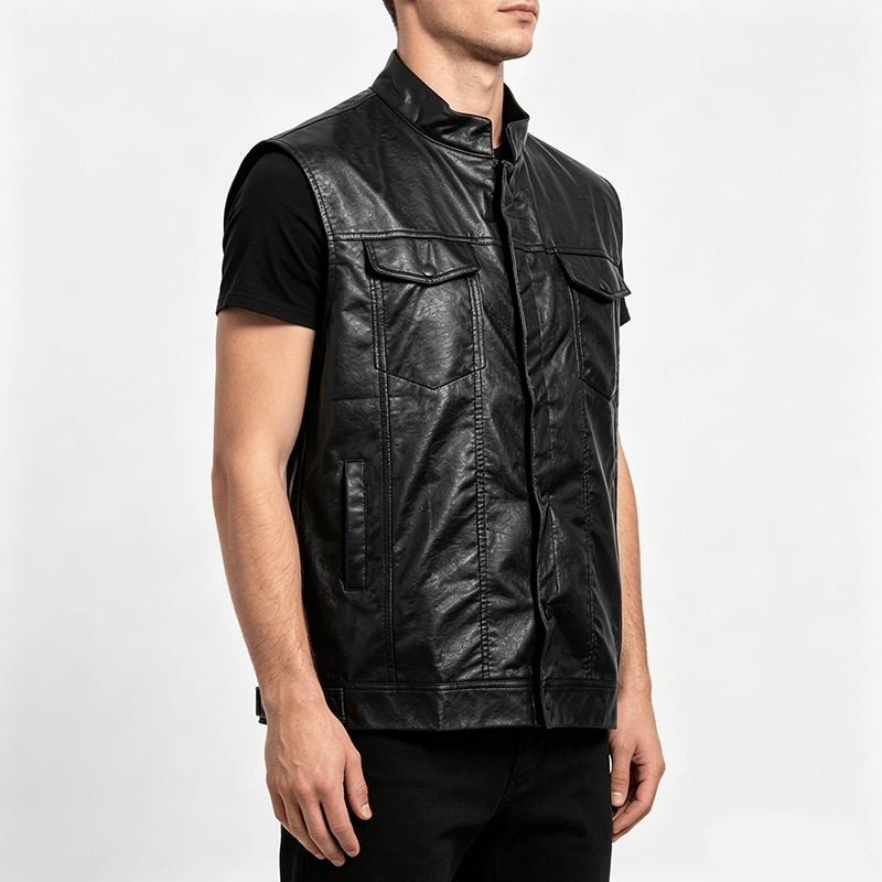 Herren-Weste aus schwarzem Leder im Hip-Hop-Vintage-Motorradstil mit aufgesetzten Taschen - image 2