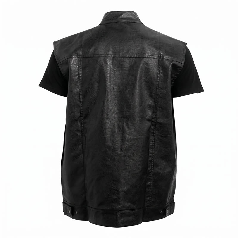 Herren-Weste aus schwarzem Leder im Hip-Hop-Vintage-Motorradstil mit aufgesetzten Taschen - image 9