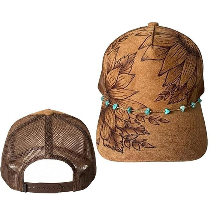 Baseballkappe im Western-Stil mit floralem Muster und türkisfarbener Kette - Stil Nr. 2 / Braun - Verstellbar (21 5/8"-23 5/8") - image 4