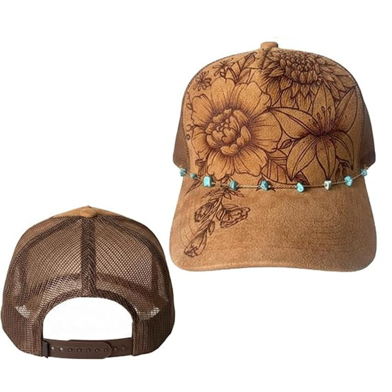 Baseballkappe im Western-Stil mit floralem Muster und türkisfarbener Kette - image 1