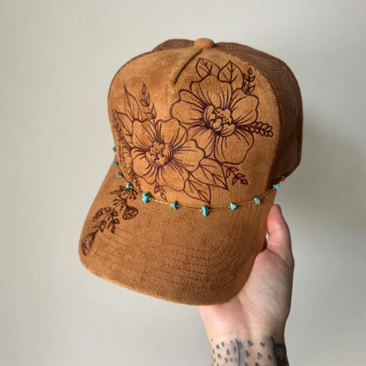Baseballkappe im Western-Stil mit floralem Muster und türkisfarbener Kette - Stil Nr. 3 / Braun - Verstellbar (21 5/8"-23 5/8") - image 6