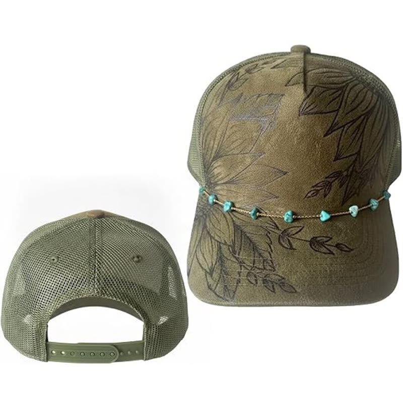 Baseballkappe im Western-Stil mit floralem Muster und türkisfarbener Kette - Stil Nr. 2 / Grün - Verstellbar (21 5/8"-23 5/8") - image 5