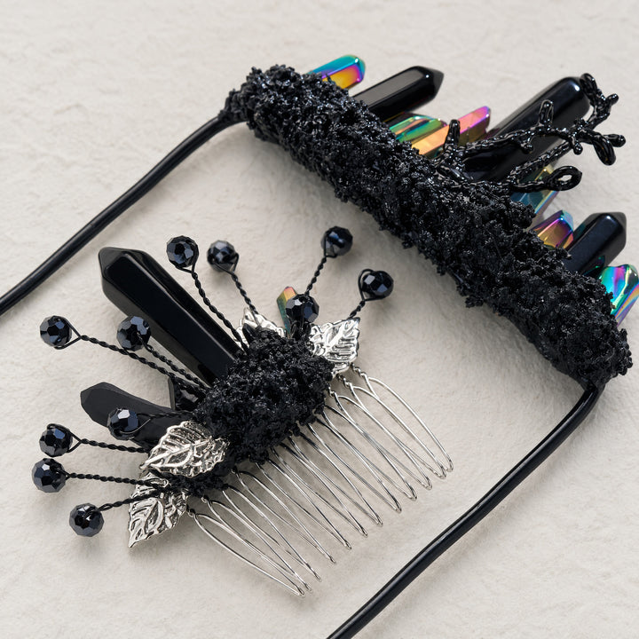 Handgefertigtes Set aus Ansteckblume für den Bräutigam und Kristallhaarkamm für die Braut - Schwarz & Mehrfarbig - image 14