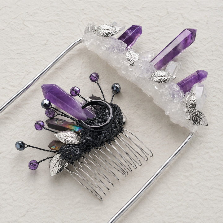 Handgefertigtes Set aus Ansteckblume für den Bräutigam und Kristallhaarkamm für die Braut - Dunkelviolett - image 12