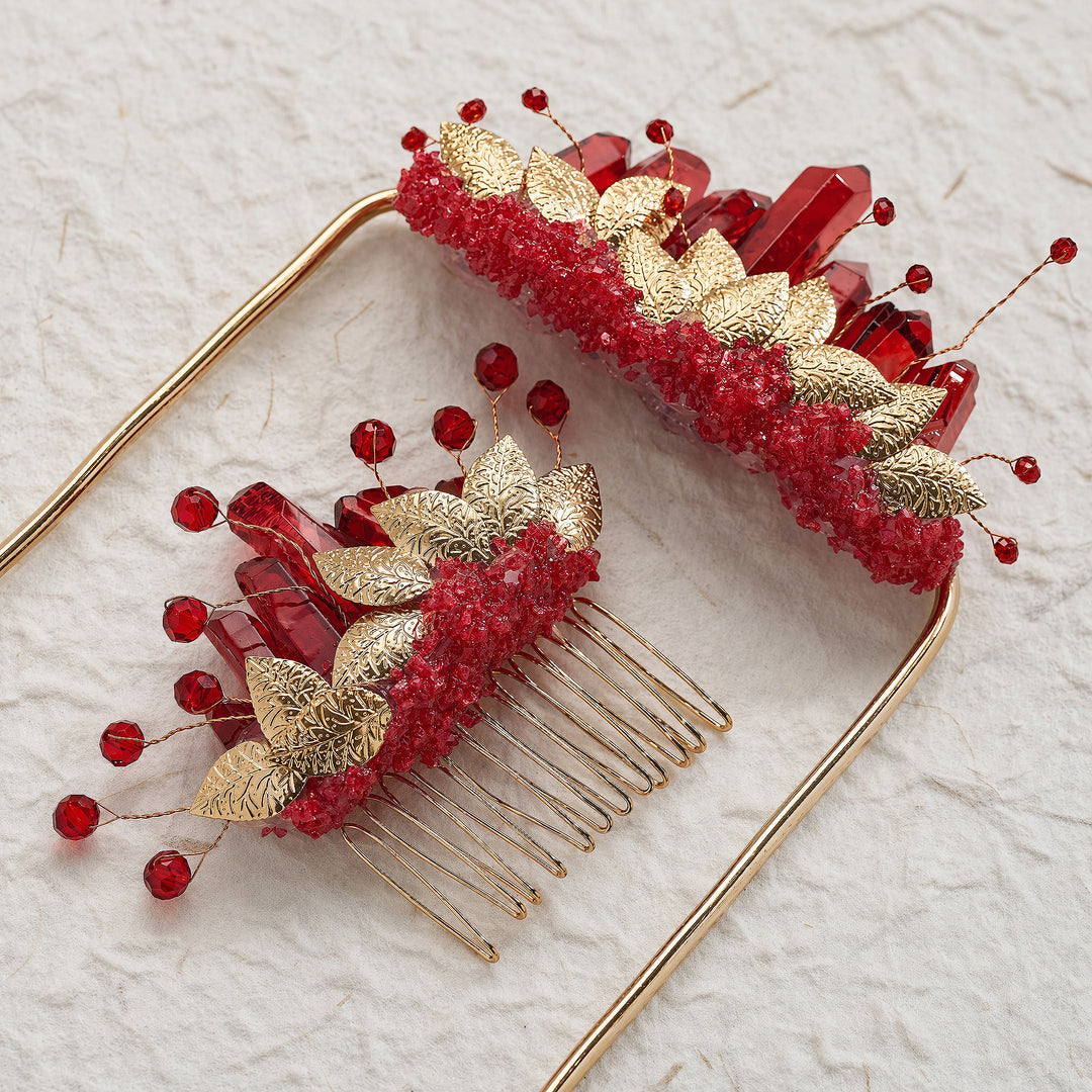 Handgefertigtes Set aus Ansteckblume für den Bräutigam und Kristallhaarkamm für die Braut - Rot & Gold - image 8