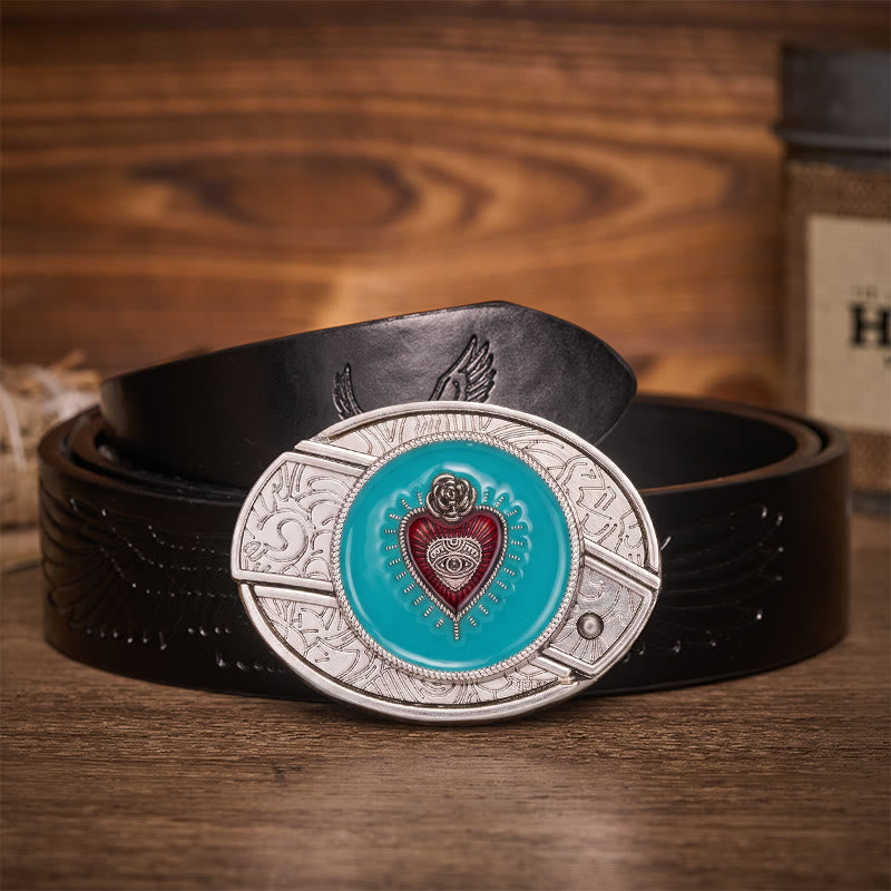 Rose & Evil Eye Türkis Emaille Verstecktes Klappmesser Schnalle Ledergürtel - Türkisfarbener böser Blick - Schwarzer Gürtel mit Adlerprägung - 42 - image 2