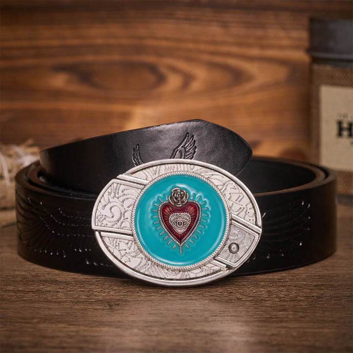 Rose & Evil Eye Türkis Emaille Verstecktes Klappmesser Schnalle Ledergürtel - Türkisfarbener böser Blick - Schwarzer Gürtel mit Adlerprägung - 42 - image 2