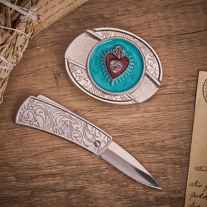 Rose & Evil Eye Türkis Emaille Verstecktes Klappmesser Schnalle Ledergürtel - image 1