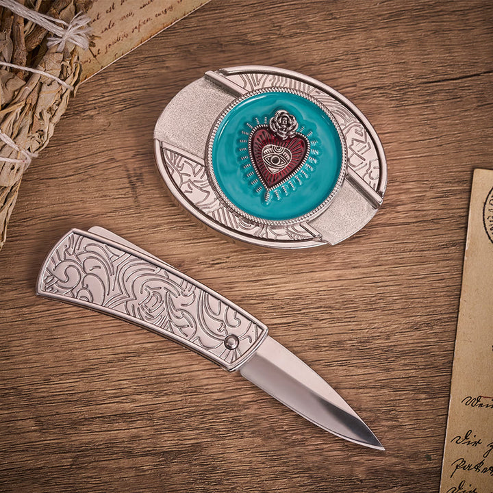 Rose & Evil Eye Türkis Emaille Verstecktes Klappmesser Schnalle Ledergürtel - image 1