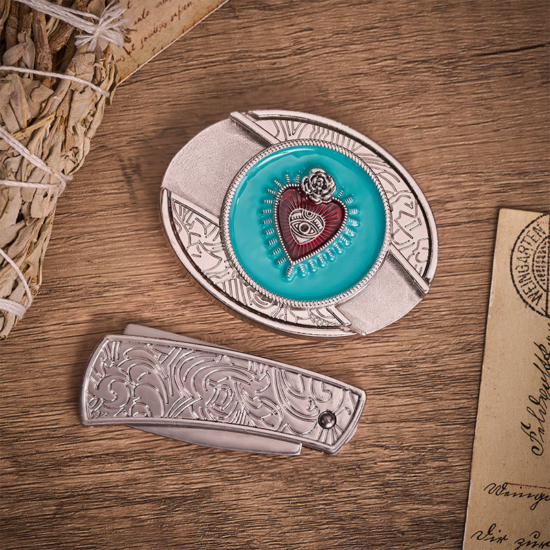 Rose & Evil Eye Türkis Emaille Verstecktes Klappmesser Schnalle Ledergürtel - image 9