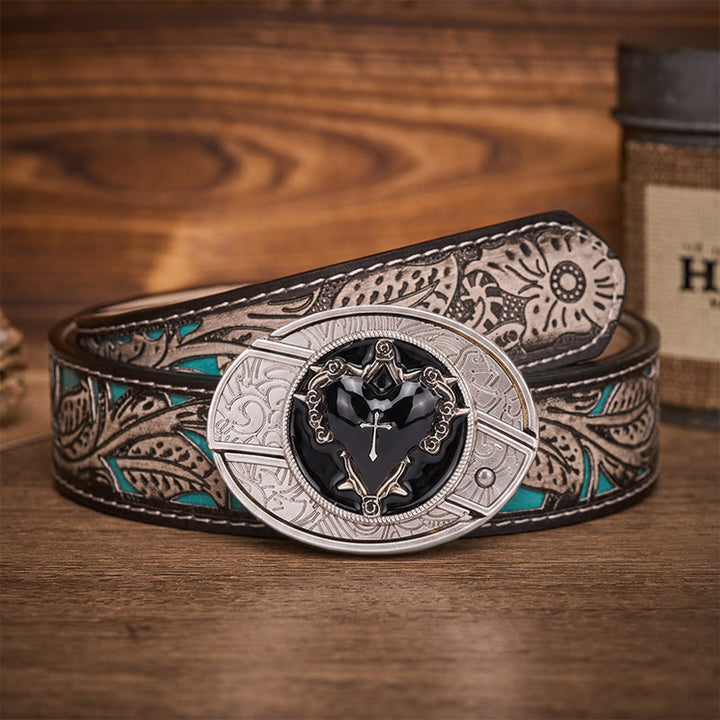 Dark Vow Black Heart Verstecktes Klappmesser Schnalle Ledergürtel - Schwarzes Herz - Grauer Gürtel mit Blumenmuster - 42 - image 8