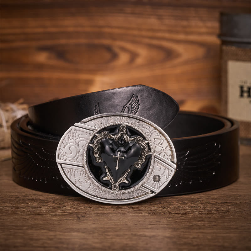 Dark Vow Black Heart Verstecktes Klappmesser Schnalle Ledergürtel - Schwarzes Herz - Schwarzer Gürtel mit Adlerprägung - 42 - image 2