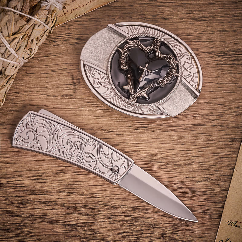 Dark Vow Black Heart Verstecktes Klappmesser Schnalle Ledergürtel - image 1