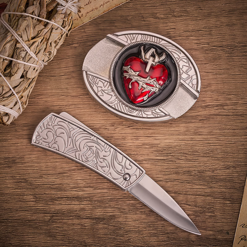 Gürtel mit blutendem Herzen Jesu und Dornen, verstecktem Klappmesser und Schnalle - image 1
