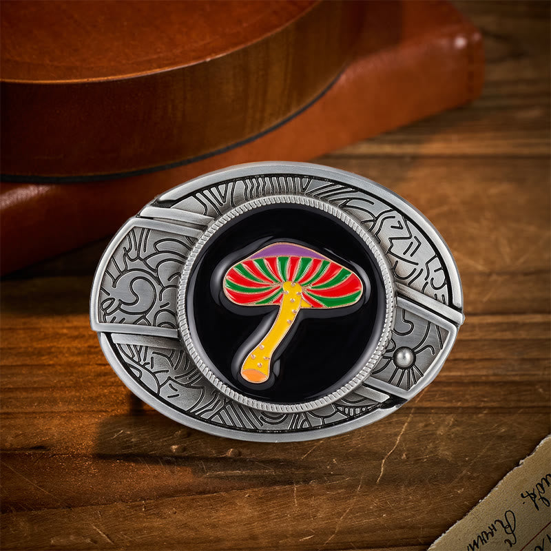 Ledergürtel mit Regenbogen-Psychedelic-Pilz-Motiv, verstecktem Klappmesser und Schnalle - Regenbogenpilz - Ohne Gürtel - Nicht im Lieferumfang enthalten: Gürtel - image 0